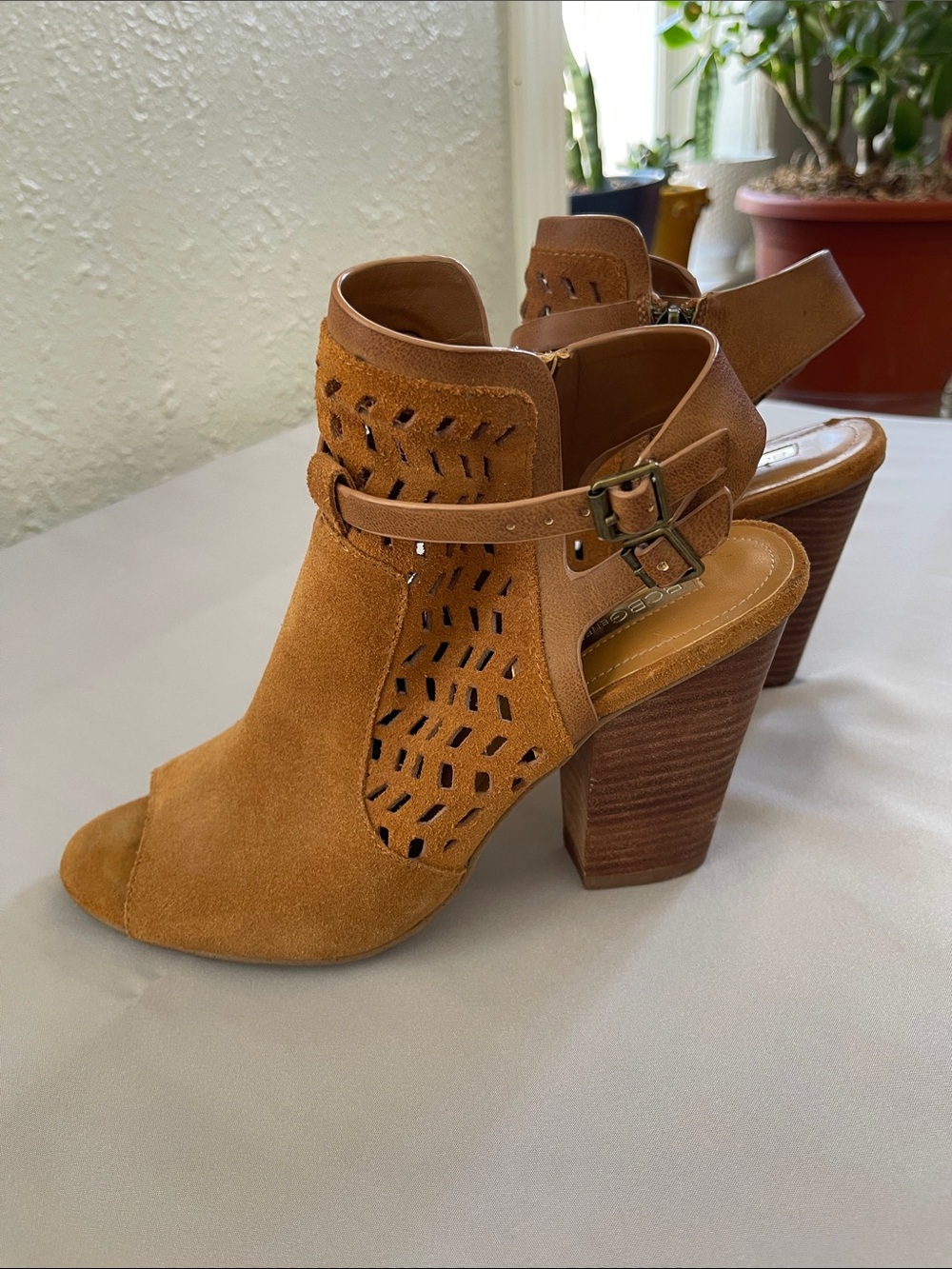 BCBGeneration Tan Suede Cutout Peep-Toe Ankle Booties with Buckle